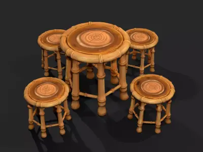 Stylized Bamboo Table and Stools Set Low-poly 3D model