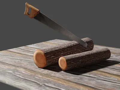 Handsaw and Wood Logs Low-poly 3D model