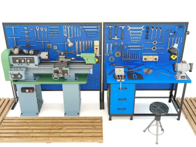 Industrial workbench garage tools and lathe machine 3D model
