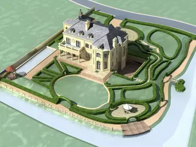 Villa mansion with garden in middle 3D model