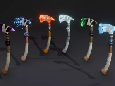 Set of Elemental Axes - 6 Magic Axe 01 - medieval weapon Low-poly 3D model