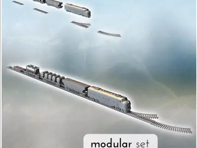 Modular railway convoy set with diesel locomotive industrial tra 3D print model