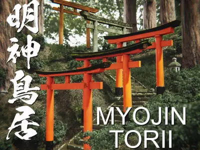 Japanese Torii Set -Myojin Torii- Low-poly 3D model