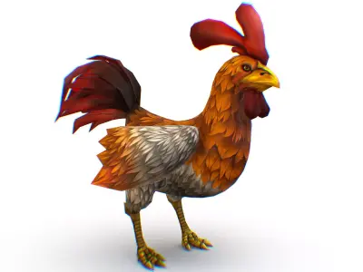 Colorful Rooster With Red Tail Detailed Feathers Low-poly 3D model