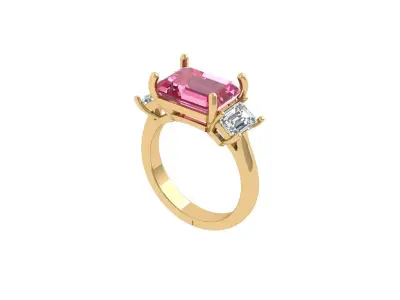 Emerald 3 Stone Art Deco Ring 3D print model 5