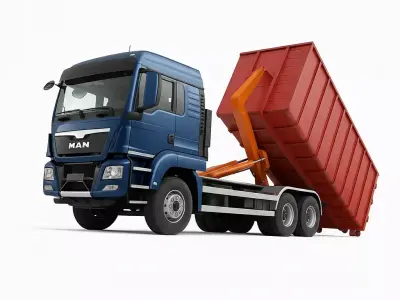 Hook Lift Truck with Red Waste Container Low-poly 3D model