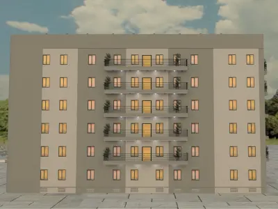 Hotel building with solar panels on roof 3D model