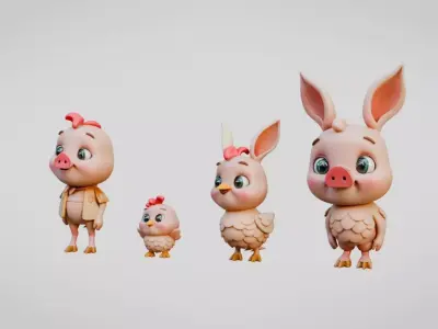 Chibi style farm animals set Low-poly 3D model