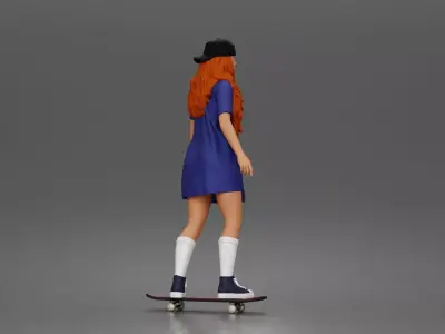 Skateboard girl in long shirt and cap gliding smoothly forward 3D print model