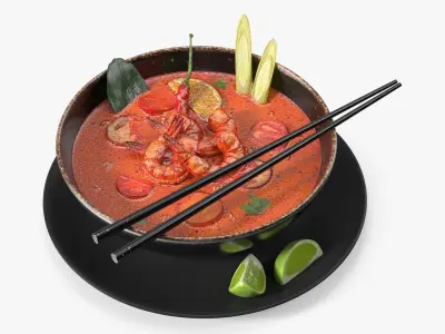 Tom Yum Soup in Bowl with Lime 3D model