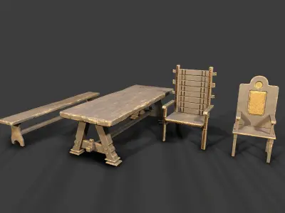 MedievalFurniture three wooden chairs and table Low-poly 3D model