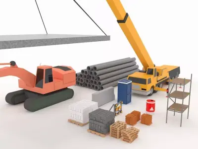 Collection building machinery and materials Stylized lowpoly Low-poly 3D model