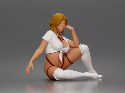 Kneeling woman wearing strappy harness lingerie garter stockings 3D print model