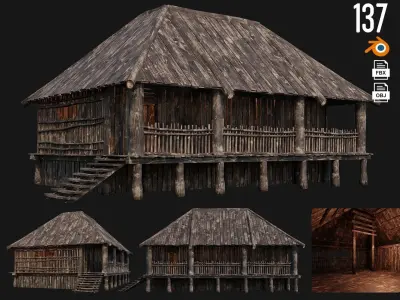 4 Old Wooden Houses Pack 4K Textures GameReady 137 to 140 Low-poly 3D model