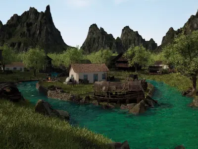 Rivervale Hollow Handcrafted Medieval River Village Environment  3D model