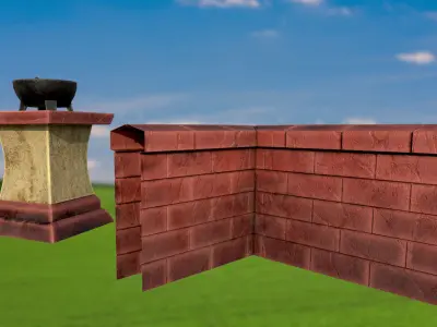 Stylized stone fence with an arch and a house PBR game ready Low-poly 3D model
