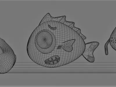 3 Cute Creatures ONIGIRI  FISH  WORM Low-poly 3D model