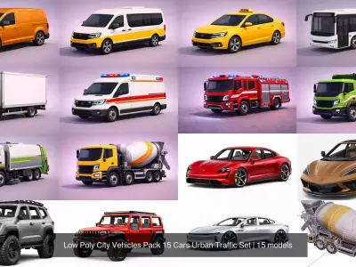 Low Poly City Vehicles Pack 15 Cars Urban Traffic Set