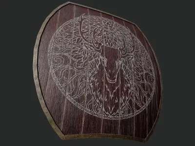 Slavic hybrid shield-painted red with deer symbol Low-poly 3D model
