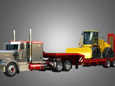57P Semi Truck with JD - 764 High Speed Dozer 3 in 1 3D Model Pack