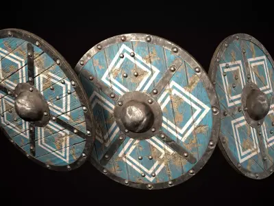 Medieval viking round shield with geometric ornament Game ready Low-poly 3D model