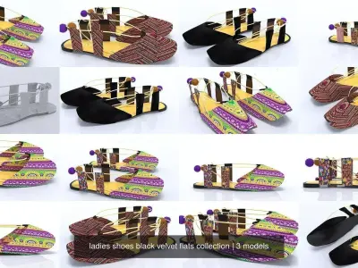 ladies shoes black velvet flats collection 3D Model Pack