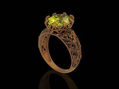 Oval stone antique filigree crown gold silver ring 3D print model