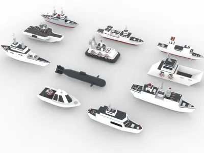Battleship Collection group of ships and submarines Low-poly 3D model