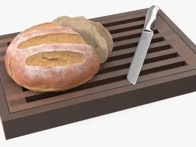 Dark Wood Bread Cutting Board with Knife and Round Loaf 3D model