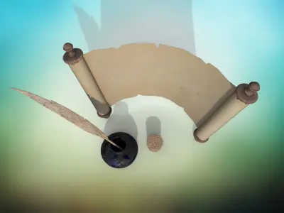 Set of papyrus scroll and inkwell with stopper and quill PBR  Low-poly 3D model