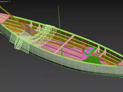 Wooden Fishing Rowboat with Gear and Picnic Set 3D model  3D model