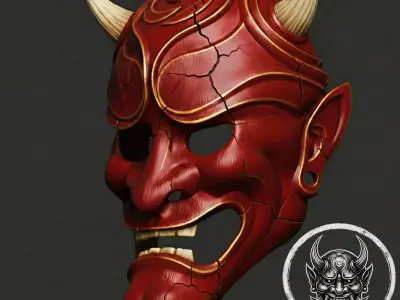 Oboro Oni Mask  -  Cracked Crimson Demon Mask 3D Print 3D print model