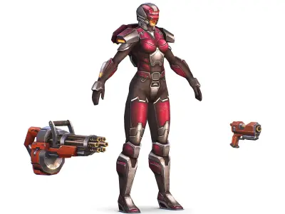 Cyborg Woman Machine Gun with Rifle and Pistol Low-poly 3D model