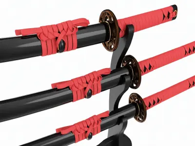 Katana Wakizashi Tanto Set on a Stand 3D model