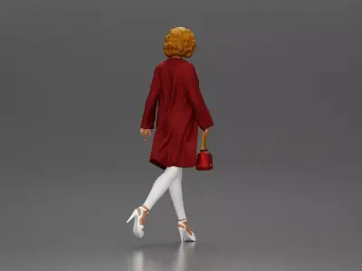 Woman with curly hair wearing red coat walking holding handbag 3D print model