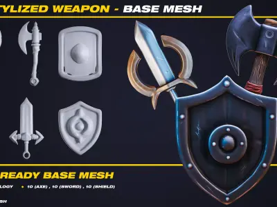 30 Stylized Weapon Base Mesh - VOL 10 - Game Ready  Low-poly 3D model