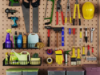Professional Workshop Tools And Maintenance Pegboard Set 3D model
