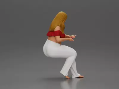 Blonde woman in red top white pants sitting applies hand cream 3D print model