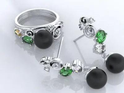 Stylish antique set of earrings and a ring for pearls 389 3D print model