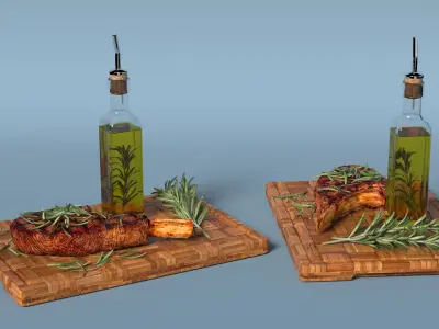 Wooden Board with Meat and Rosemary Oil 3D model
