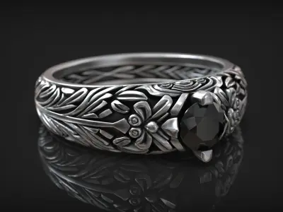 Engagement Solitaire Floral Ornamental Band with Diamond 3D print model
