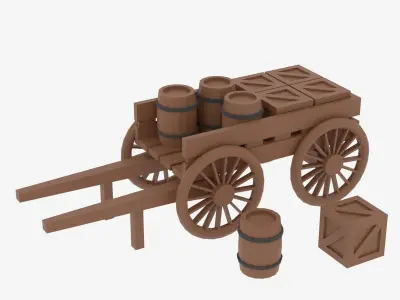 Lowpoly Wooden Cart with Barrel and Crate Low-poly 3D model