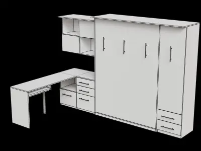 White Desk Dark Brown Cabinet Wall Bed Closed 3D model