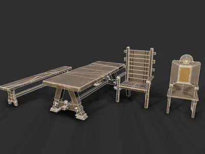 MedievalFurniture three wooden chairs and table Low-poly 3D model