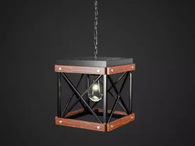 Iron and Wood Pendant Light Low-poly 3D model