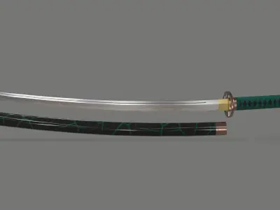 PBR Katana Japanese Sword Green Low-poly 3D model