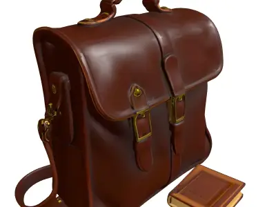 Vintage Leather Satchel Bag with Book Low-poly 3D model