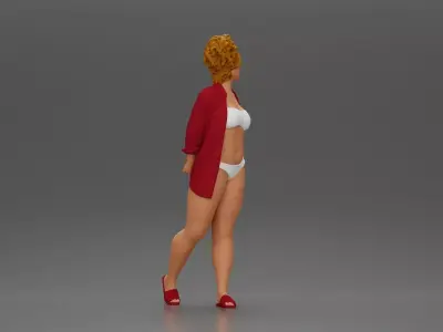 Chic woman in a red shirt and white confidently walking 3D print model