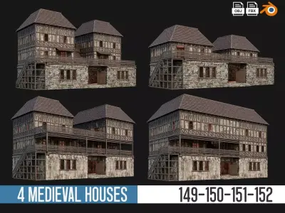4 Old Medieval House Pack 4K Textures GameReady 149 to 152 Low-poly 3D model