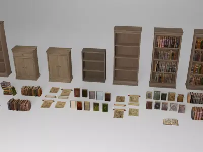 Old books - ancient bookcases and book shelfs - 46 items Low-poly 3D model